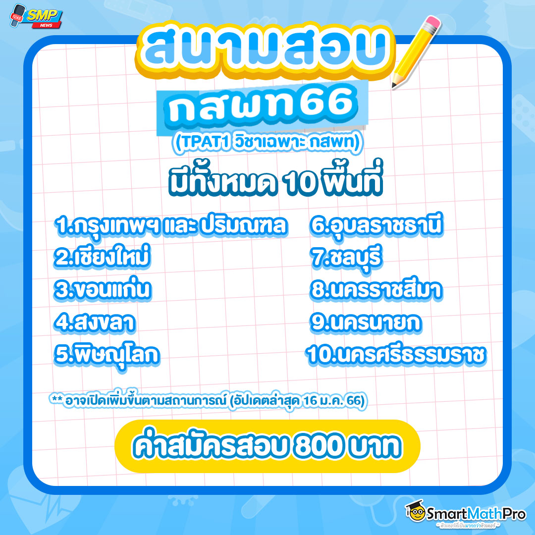 สรุปสนามสอบ tpat1 วิชาเฉพาะกสพท มีทั้งหมด 10 พื้นที่