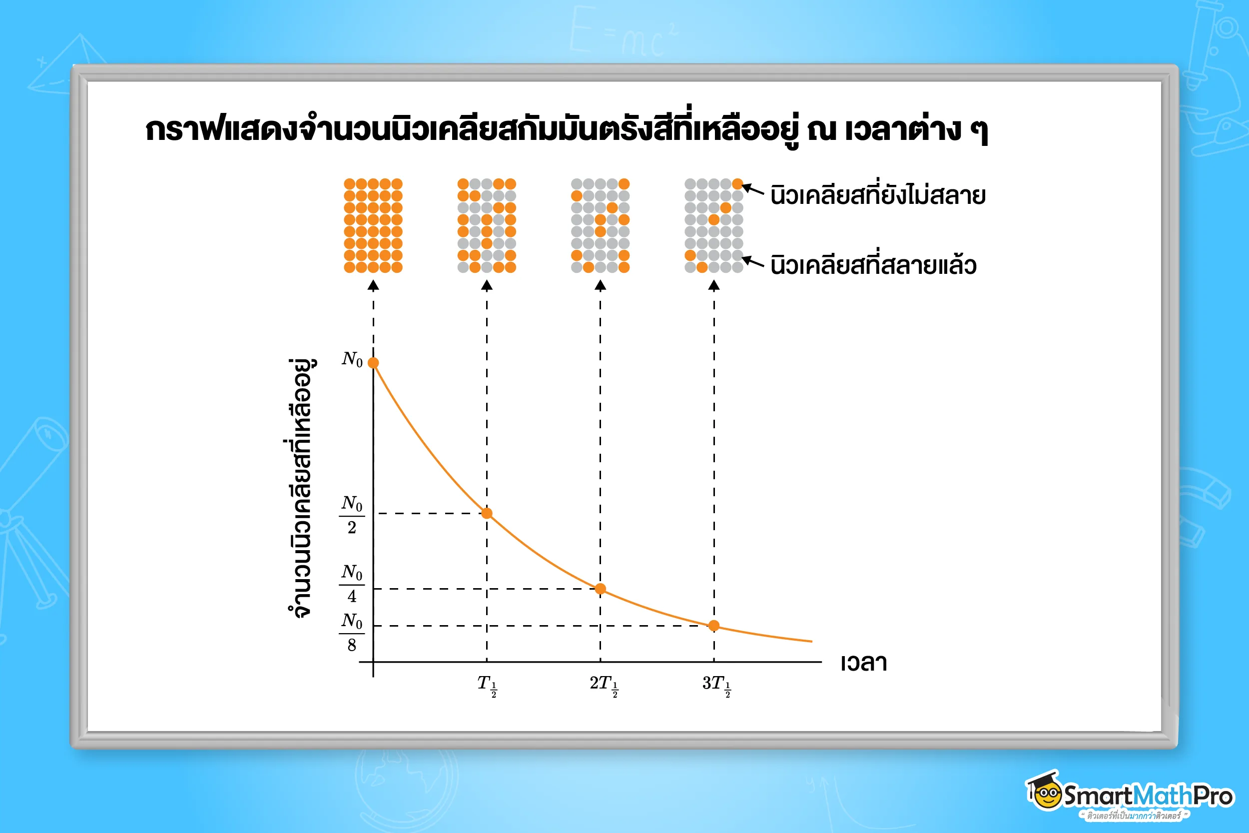 กราฟแสดงจำนวนนิวเคลียสกัมมันตรังสีที่เหลืออยู่ ณ เวลาต่าง ๆ