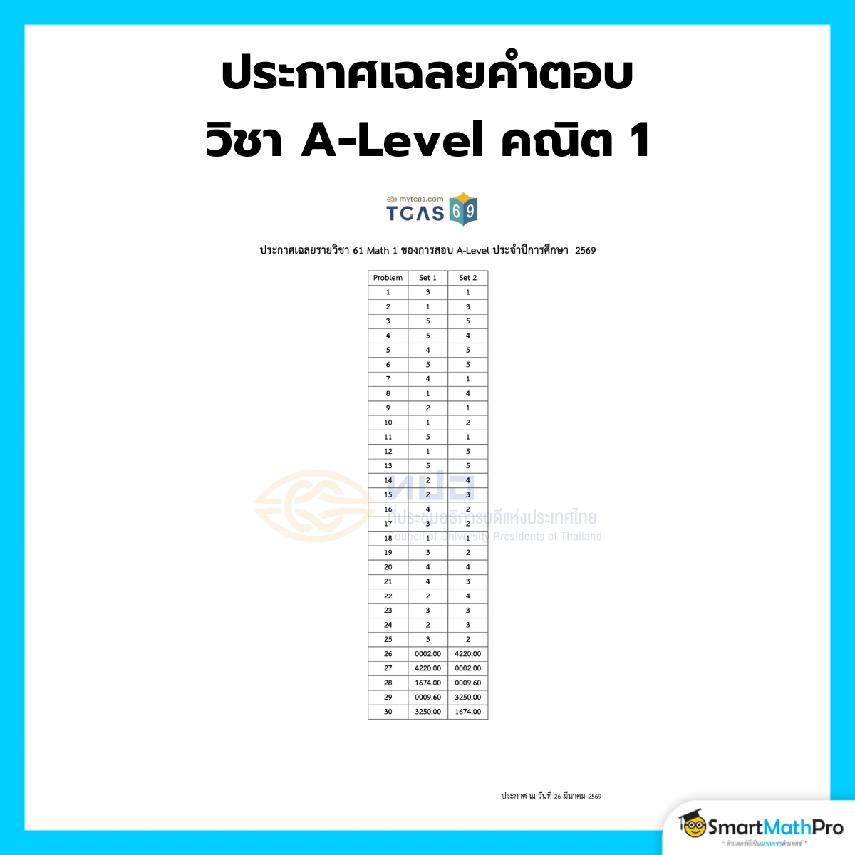 เฉลยคำตอบ A-Level คณิต 1